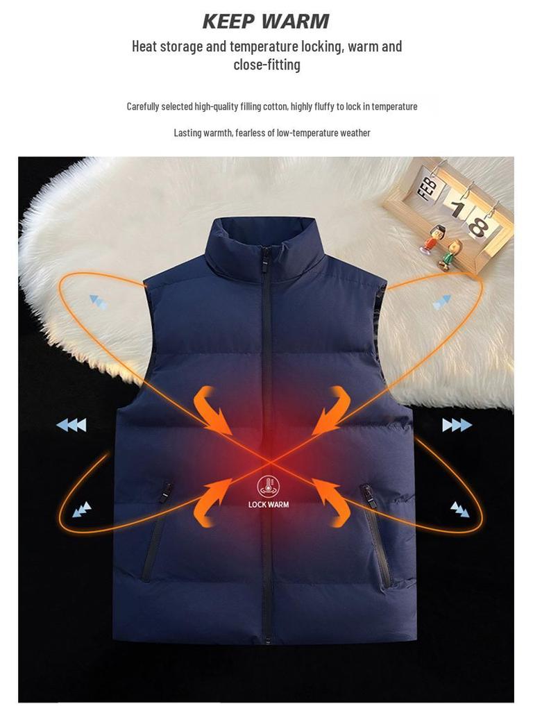 Men's Winter Stand Collar Thick Cotton Vest: Trendy, Windproof, Pure Color, Warm Shawl Jacket