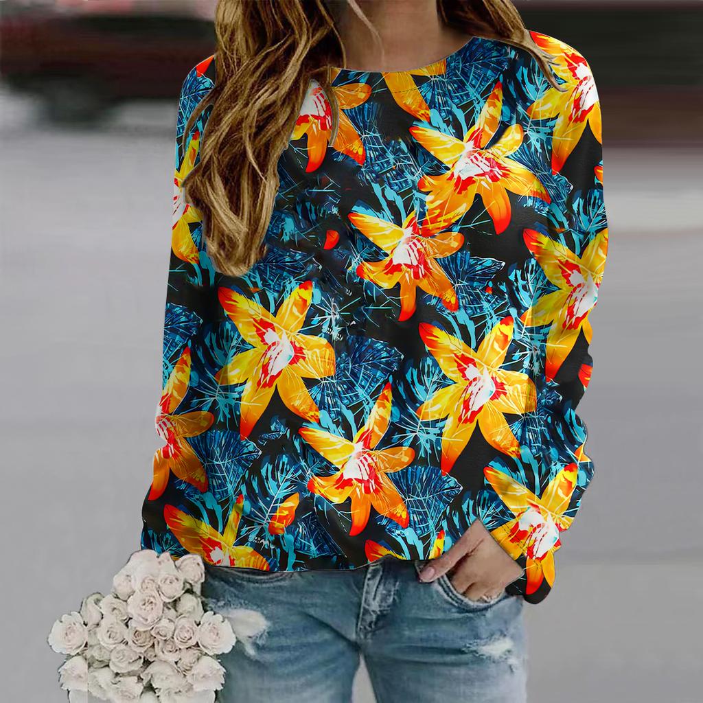 Herbst Herbst Damenmode O Hals Langarm T-Shirt lose Kleidung grüne Blumen Druck T-Shirt für Mädchen Straße