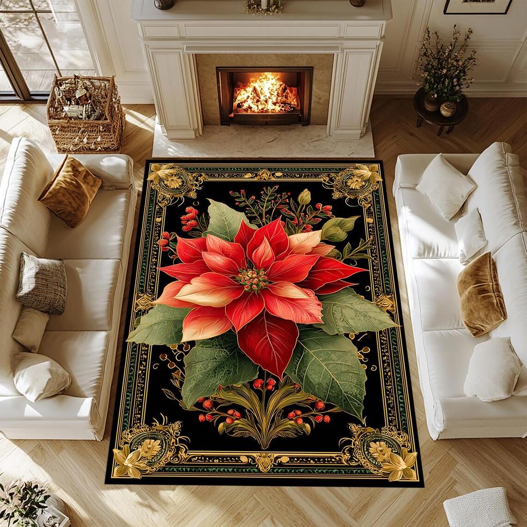 Christmas Poinsettia Floral Area Rugs Non-Slip Washable Carpet for Bedroom Living Room Rug Holiday Decor Floor Mat