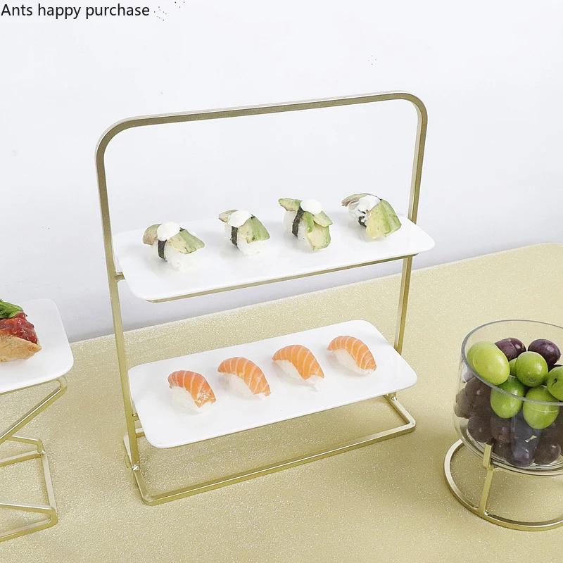 European Style White Ceramics Cake Pan Banquet Golden Metal Display Stand Rectangular Dessert Sushi Plate Decoration Cake Stand