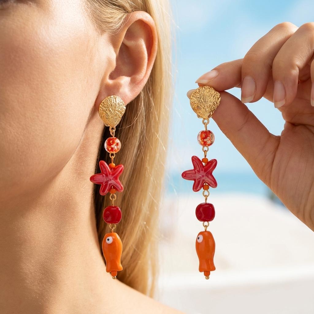 

Colorful Dopamine Red Starfish Cartoon Fish Dangle Earrings For Women Beach Metal Scallop Beaded Long Earring Vacation Zircon