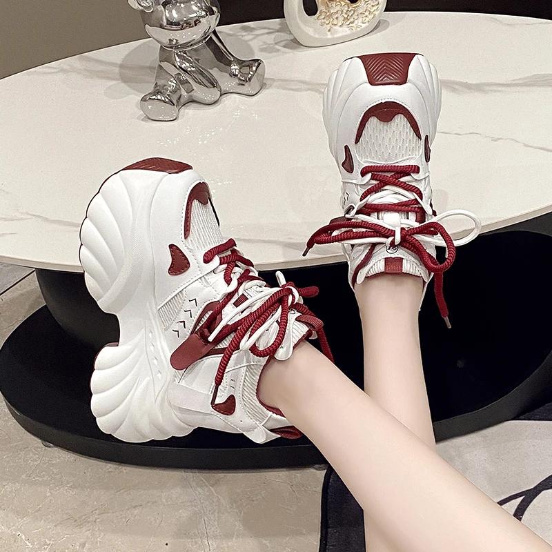 Fashion 11CM Women Thick Bottom Chunky Sneakers  Female Platform Lace Up Breathable Spring Autumn Woman Vulcanize Shoes Zapatos Mujer