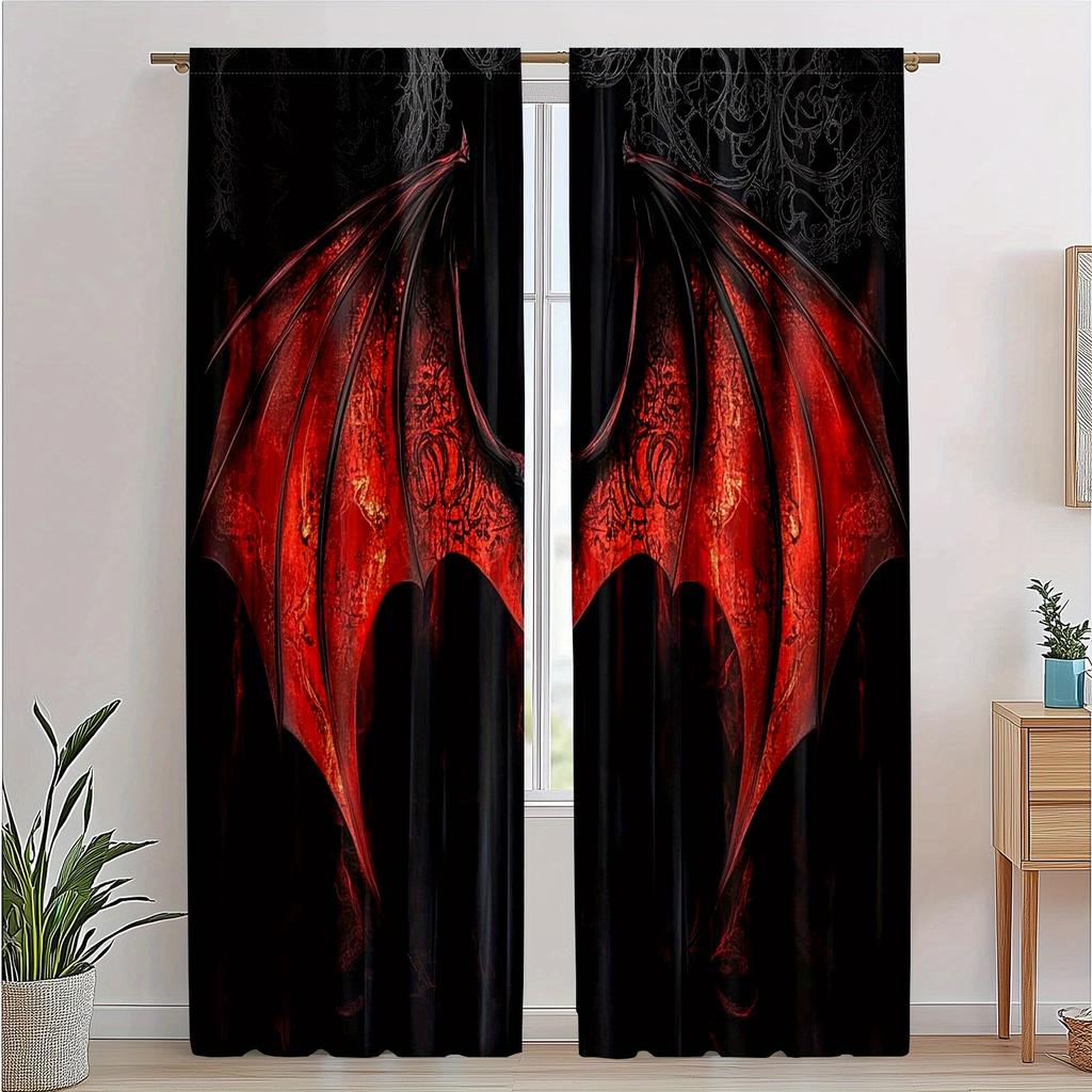 2 ks Gotické červené závěsy se vzorem netopýra   Poloprůhledné polyesterové závěsy se složitým černým designem pro ložnici a obývací pokoj De