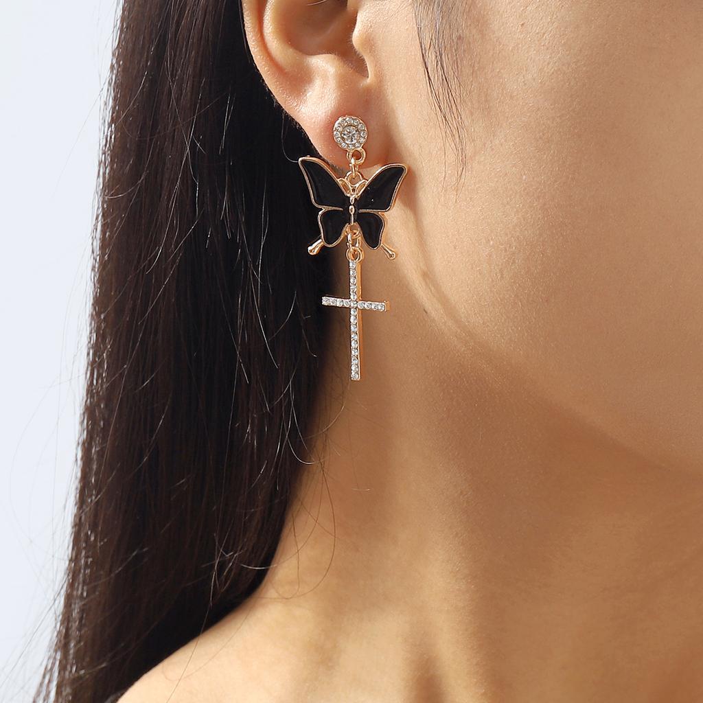 Sparkling Butterfly Drop Earrings with Tassels and Rhinestones