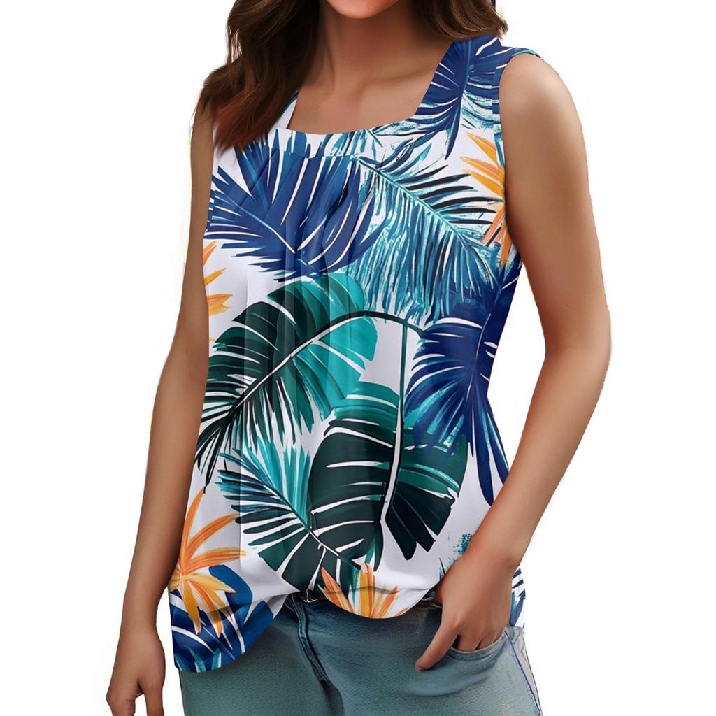 Women's Summer Casual Pleated Square Neck Sleeveless Tank Top Printed T-Shirt