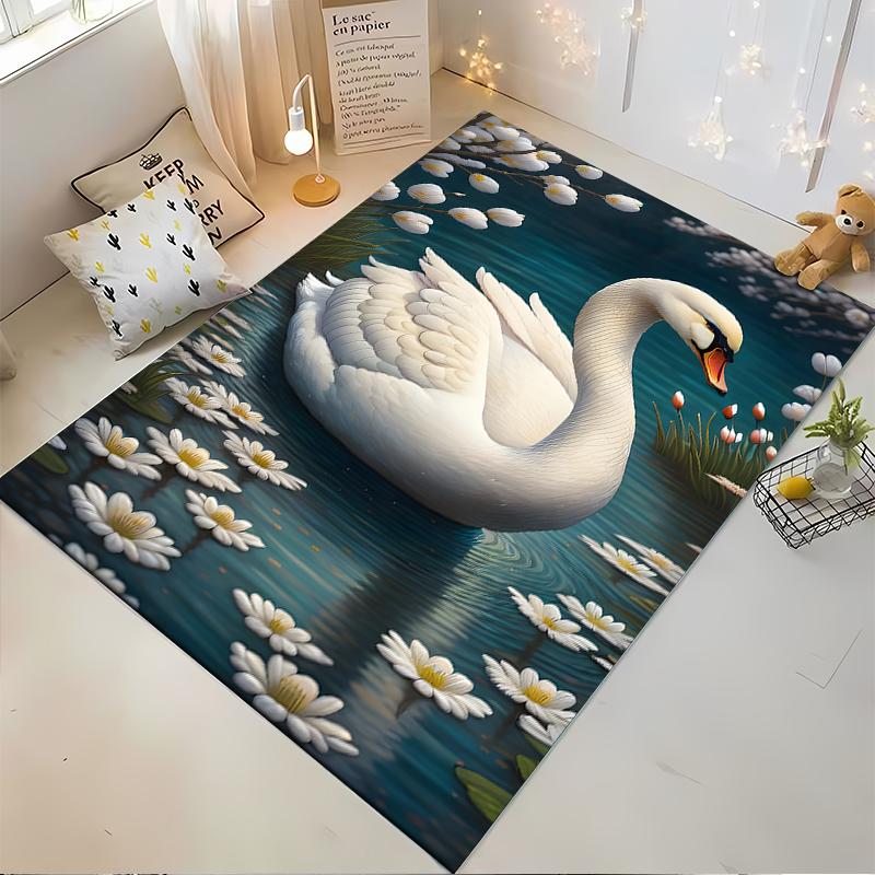 Elegant White Swan and Daisy Pattern Carpet for Living Room Decor Suitable for use as an anti-slip for living room bedroom sofas