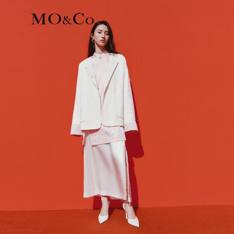 MO&Co. 2024 Spring Acetate Slit Lace High-Waist Midi Skirt