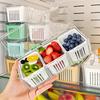 3 Compartment Food Storage Container With Lid Transparent Square Blue Drain Box For Fridge Salad Fruit Veg Condiments Reusable