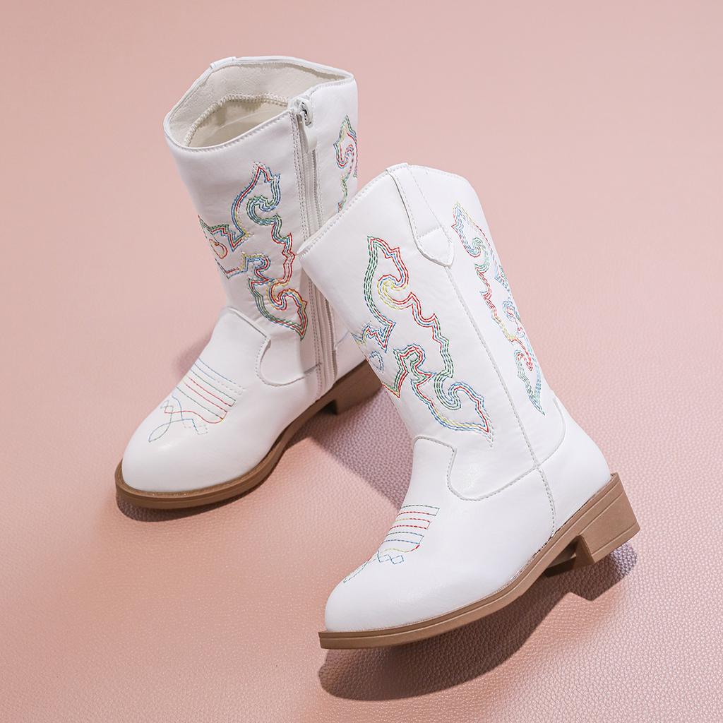 Dziewczęce Botki Cowboy ze Skóry PU Nowe Jesień Zima Dziecięce Botki do Połowy Łydki Antypoślizgowe Zamek Boczny Proste Retro Dziecięce Botki Codzienne