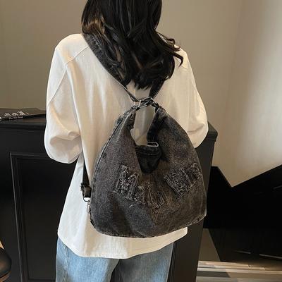 New Retro Rough Edge Washed Embroidery Letter Denim Tote Bag Large Capacity Shoulder Bag Women
