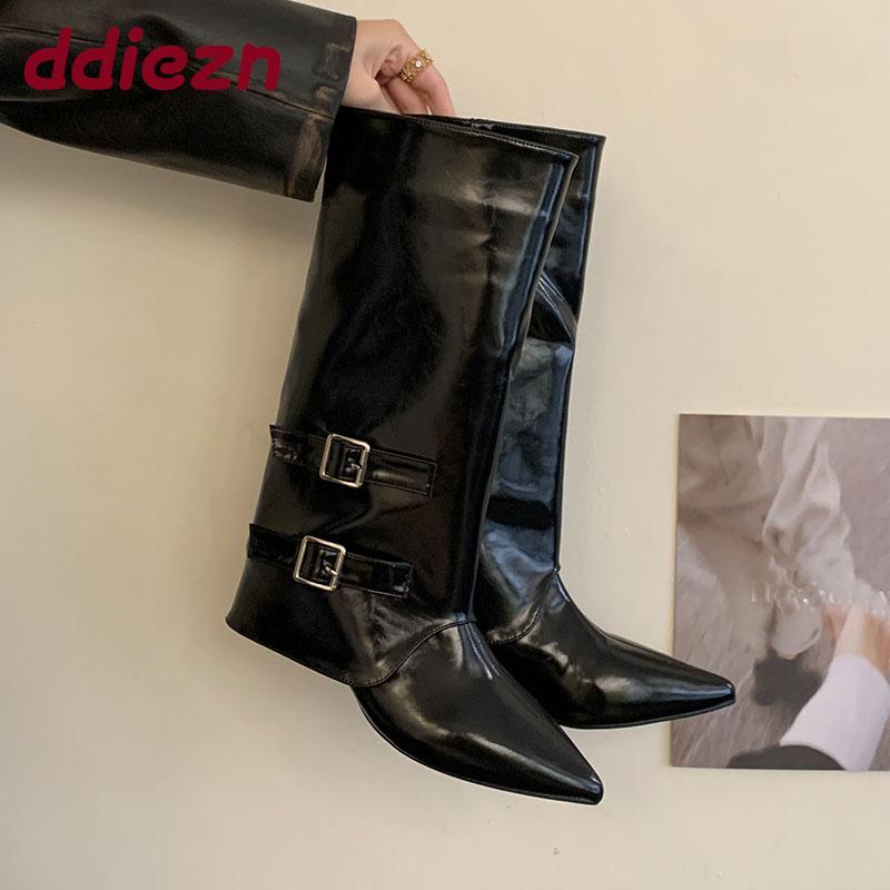 Fashion Fashion Buckle Women Knee High Boots Shoes With Low Heel Footwear Female Pointed Toe Ladies Western Boots Slip On Shoes Pumps