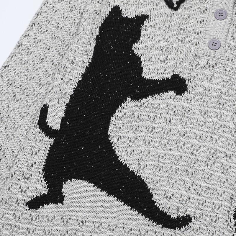Unisex Oversized Knit Sweater With Cat Jacquard V-Neck Loose Fit Cotton Pullover Winter