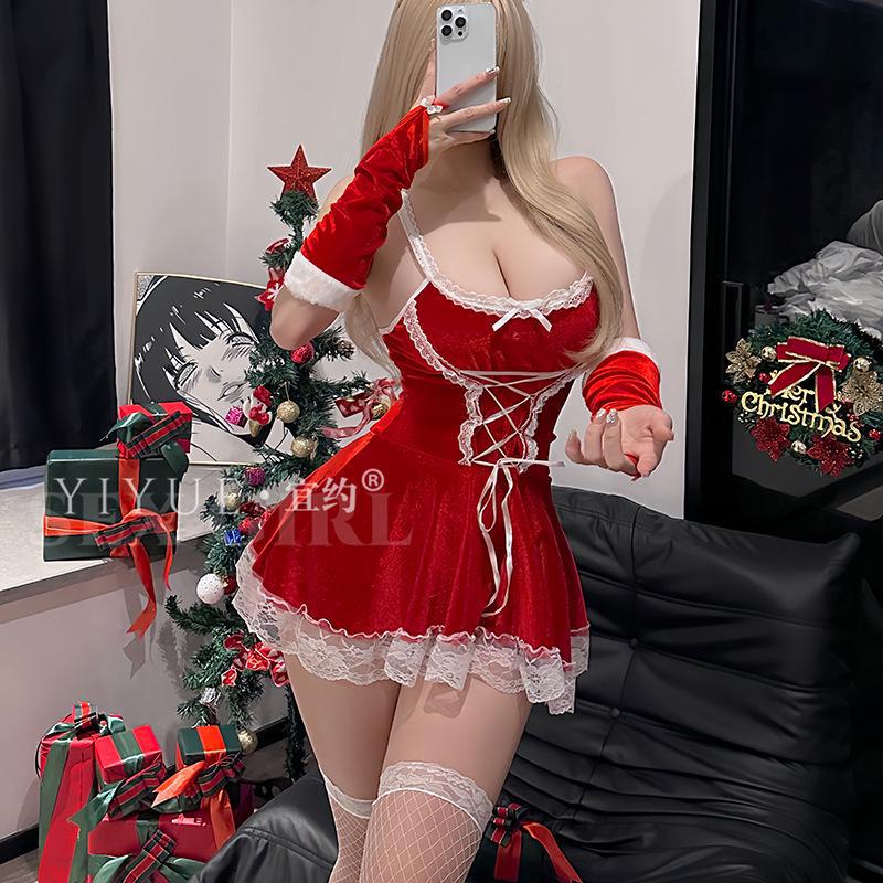 Yiyue Sexy Christmas Lingerie: Hot Lace Suspender Nightdress Set for Women 8598