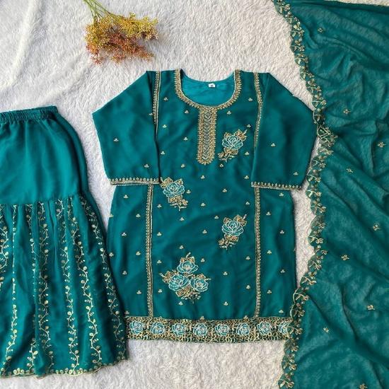 Enchanting Teal Green Georgette Sharara Suit with Elegant Floral Zari Work M
