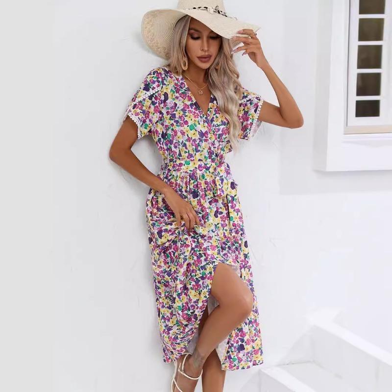Summer Short Sleeve Floral Printed Women Dress New V Neck Fashion Elegant Loose Casual Party A-line Dresses Female Lace-up Women's Clothing
