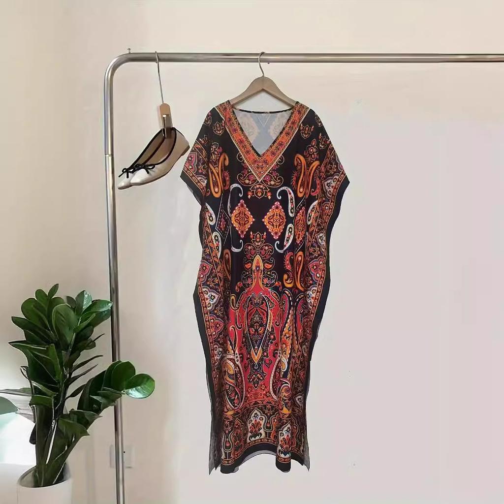 Spring and summer women's ethnic print dress large size loose split robe bohemian print dress