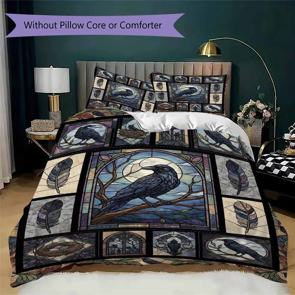 Crow Pattern Bedding uilt Set uilt Cover Pillowcase Home Decoration Birthday Gift (1 * duvet cover + 2 * pillowcase without core)48