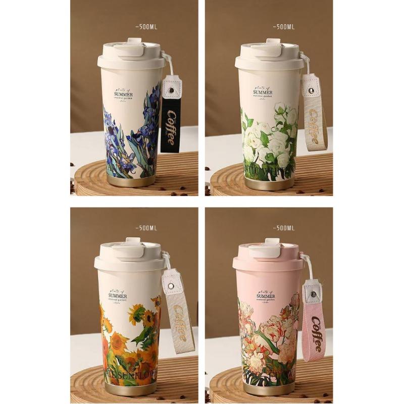 316 Stain Steel Thermos Cups 500ml Coffee Mug with Spoon Set of 3, Floral Ceramic Mug Gift Box for Birthday Wedding Christmas Valentine's Day