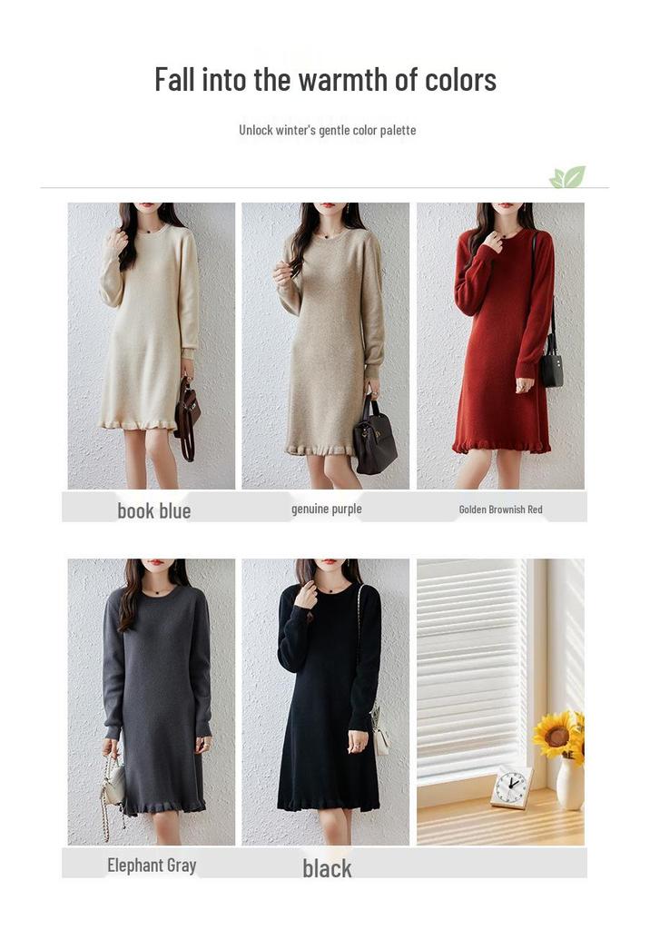 Women's Pure Wool Ruffle Knit Dress - Mid-Length, Long Sleeve, Loose Fit