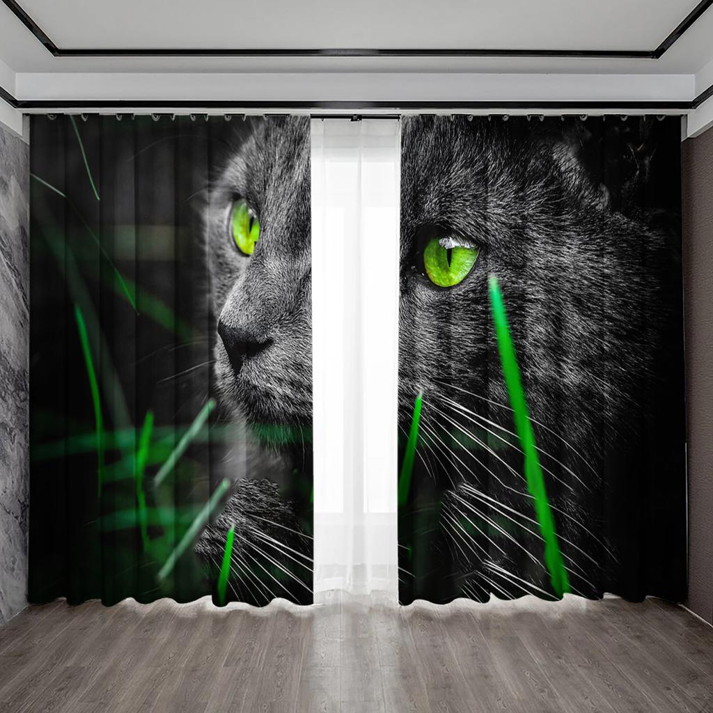 2PC Home Decoration Curtains, Cute Cat Background With Pole Pocket Curtains, Kitchen, Coffee Shop, Living Room, Balcony, Garden