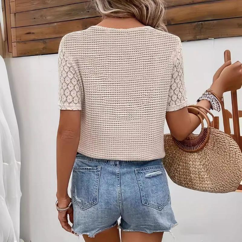 Summer New Lace Splicing Short-sleeved V-neck Hollow Casual Casual Versatile T-shirt