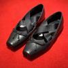 Scarpe da ballo con tacco interno rialzato a punta quadrata francese, cinturino incrociato, ballerine piatte in raso Mary Jane, scarpe singole a bocca leggera naso di maiale