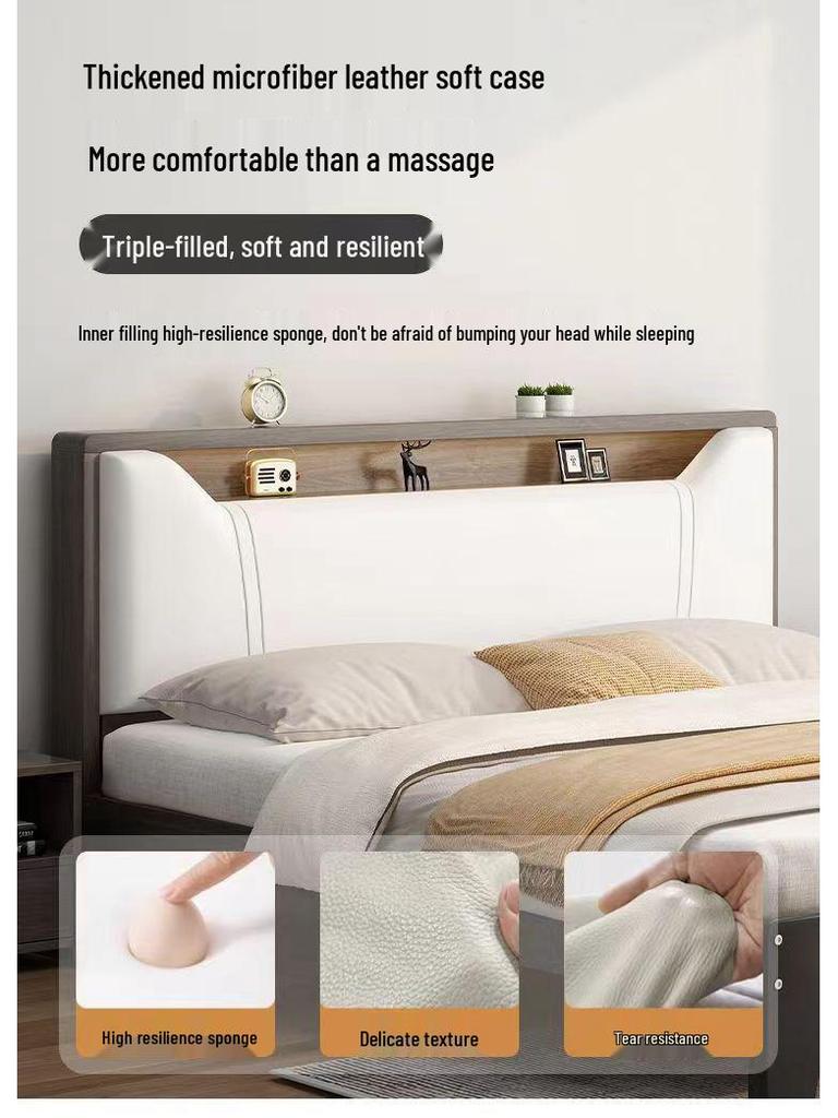 Modern Minimalist Solid Wood Panel Bed - Double (1.8m) or Single (1.2m) for Master Bedroom or Rental Room