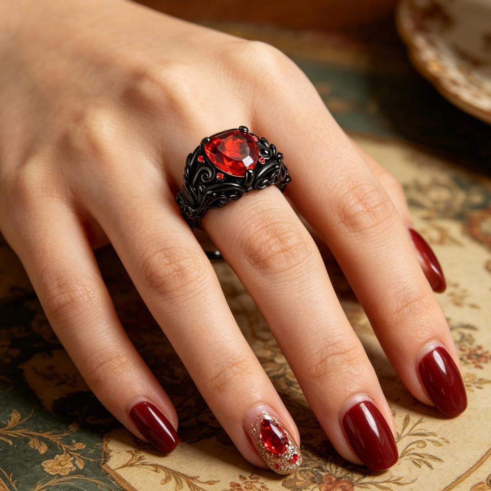 Gothic Skull Heart Ring for Women, Black Gold Tone with Red Purple Crystal Zirconia, Ideal Gift for Valentine's Day Mother's Day