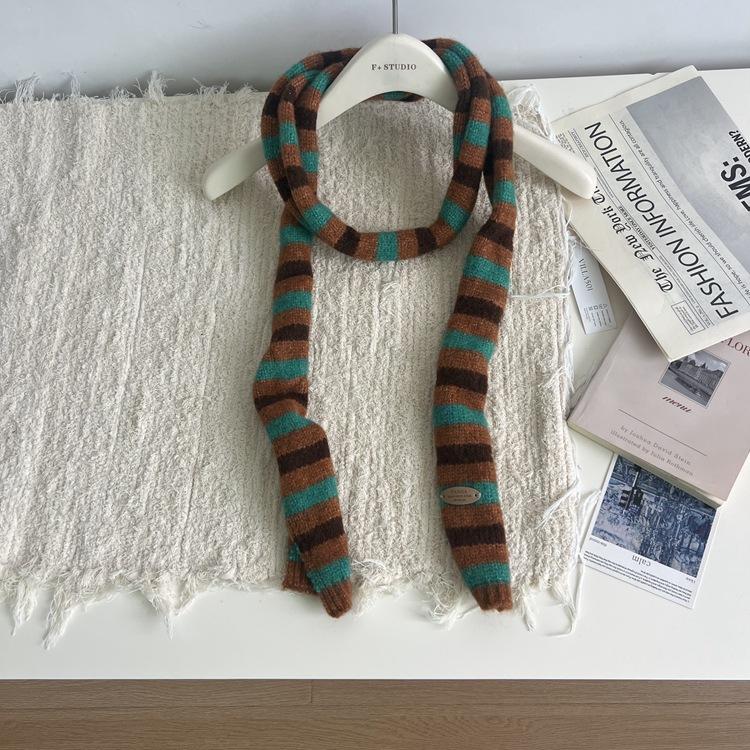 Early Autumn And Winter, Dongdaemun, South Korea, Striped Thin And Narrow Long Small Scarf, Women'S Fashionable Millennial Style Sausage Knitted Scarf