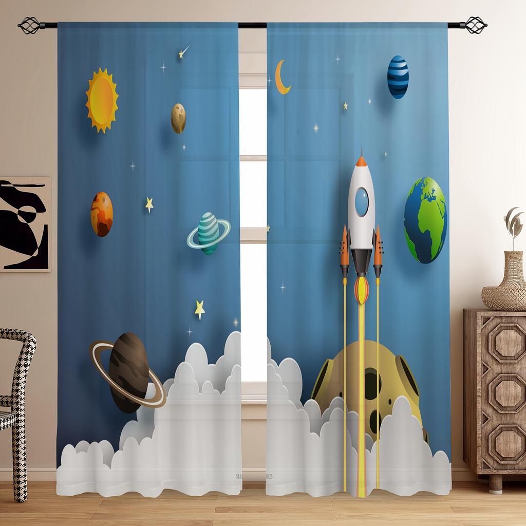 Space Galaxy Planets Kids Curtains Rocket Nursery Decor Astronomy Drapes Sun Moon Bedroom Accent Wallpaper