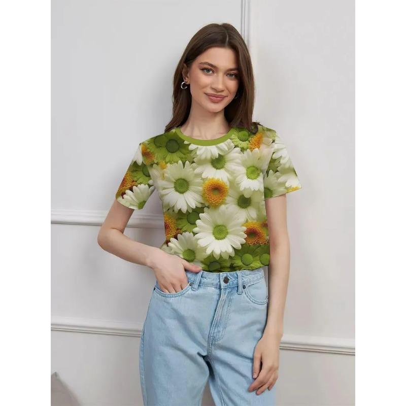 Women's Summer Round Neck Short Sleeved T-shirt Paired with 3D Floral Print Casual Top Breathable and Machine Washable Suitable for Outdoor Daily Wear