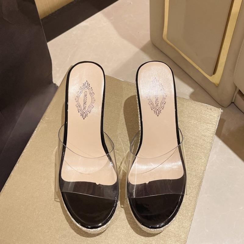 Fashion transparent with wedge heels slippers summer woven bottom waterproof table women's shoes high-end one-word