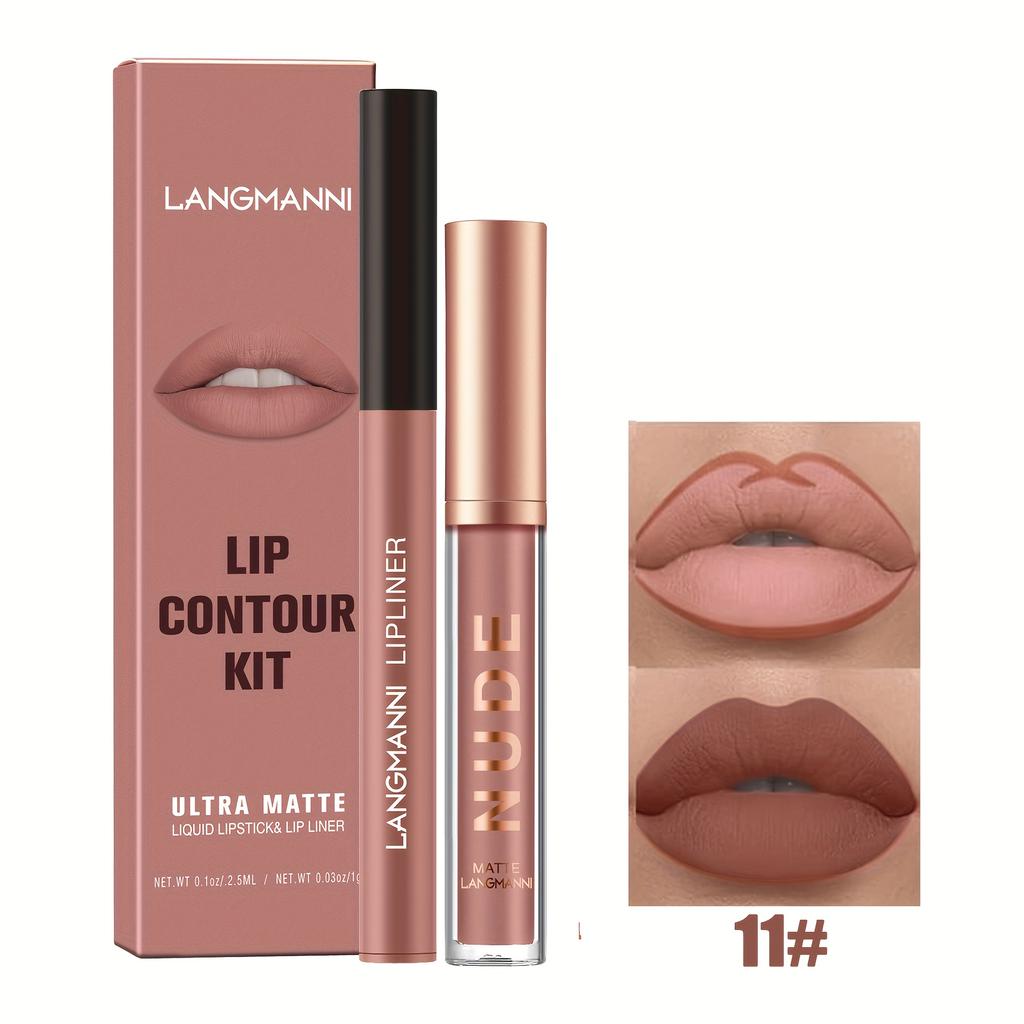 2pcs Matte Lip Color Set with Lip Liner - Long-Lasting, Non-Stick, Water-Resistant Lipstick & Lip Liner Combo Makeup Set Smooth Application