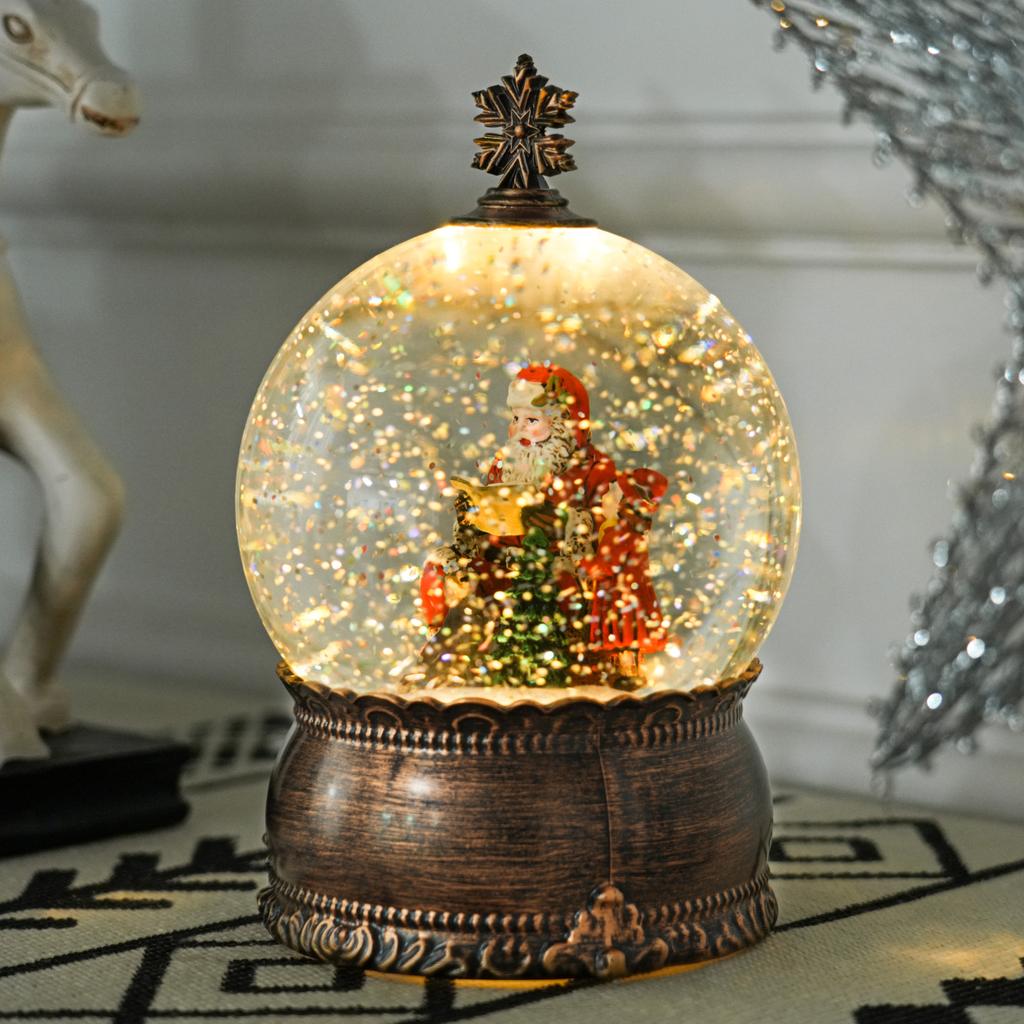 Christmas Snow Globe with Music and Lights, Santa and Child Scene for Christmas Decoration, Party Gift, Bronze