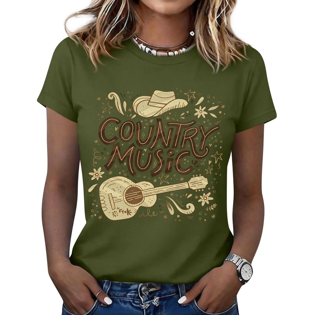 Women's Fashionable Casual Music Festival Print Round-Neck Short-Sleeve T-Shirt