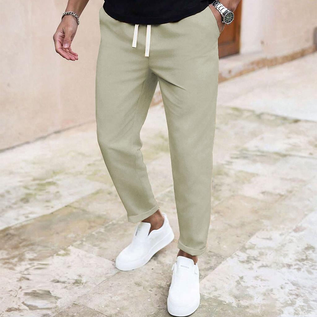 Pánské ležérní kalhoty s elastickým pasem se stahovací šňůrkou, prodyšné, jednobarevné