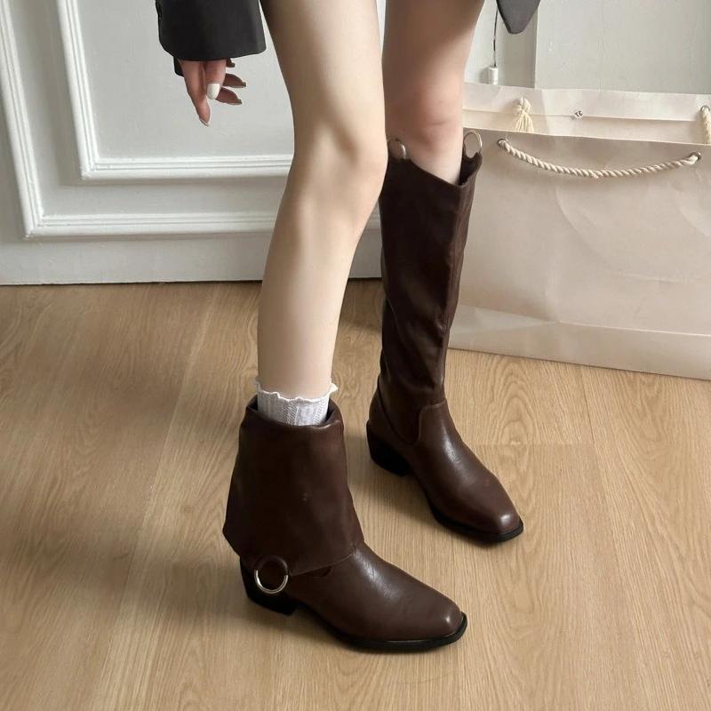 New Winter Vintage Women Knee High Boot Concise Slip on Thick Heel Shoes Square Toe Knight Long Booties