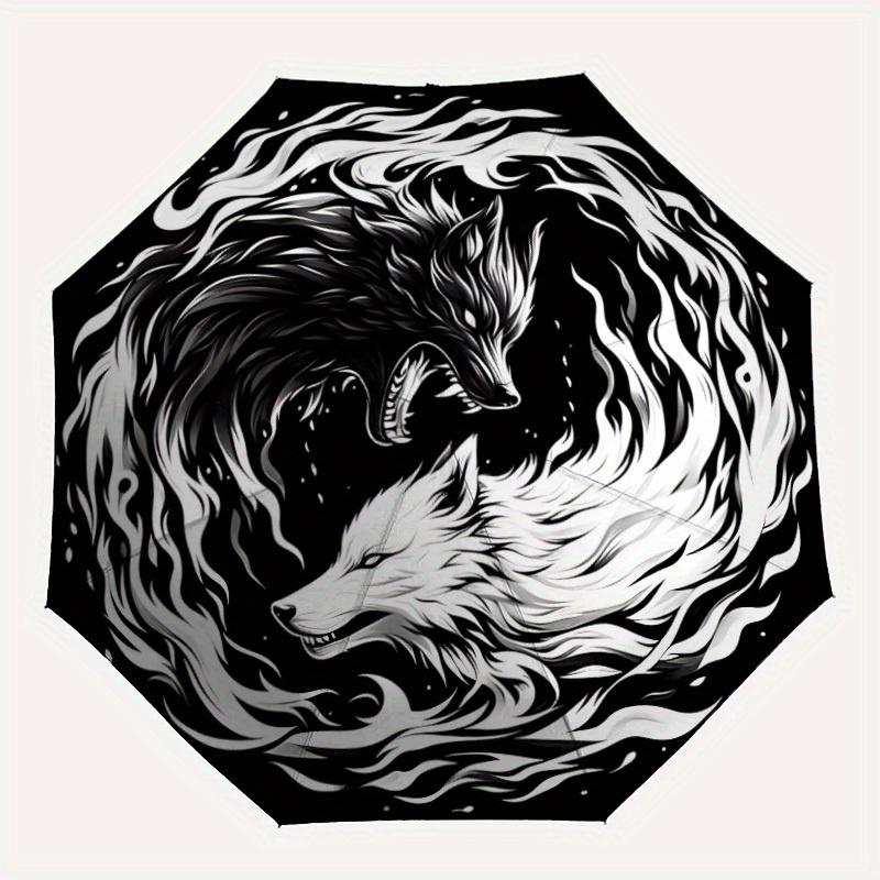 

1pc Wolf YinYang Automatic Open/close, Heavy-Duty Iron Frame & 8-Rib structure, Compact Folding Umbrella for Women/Men, All-Season Travel, Halloween a