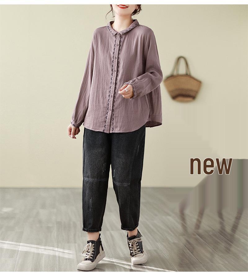 Women's Artistic Retro Embroidered Cotton Linen Shirt - Loose Casual Top for Spring 2026 Arrival