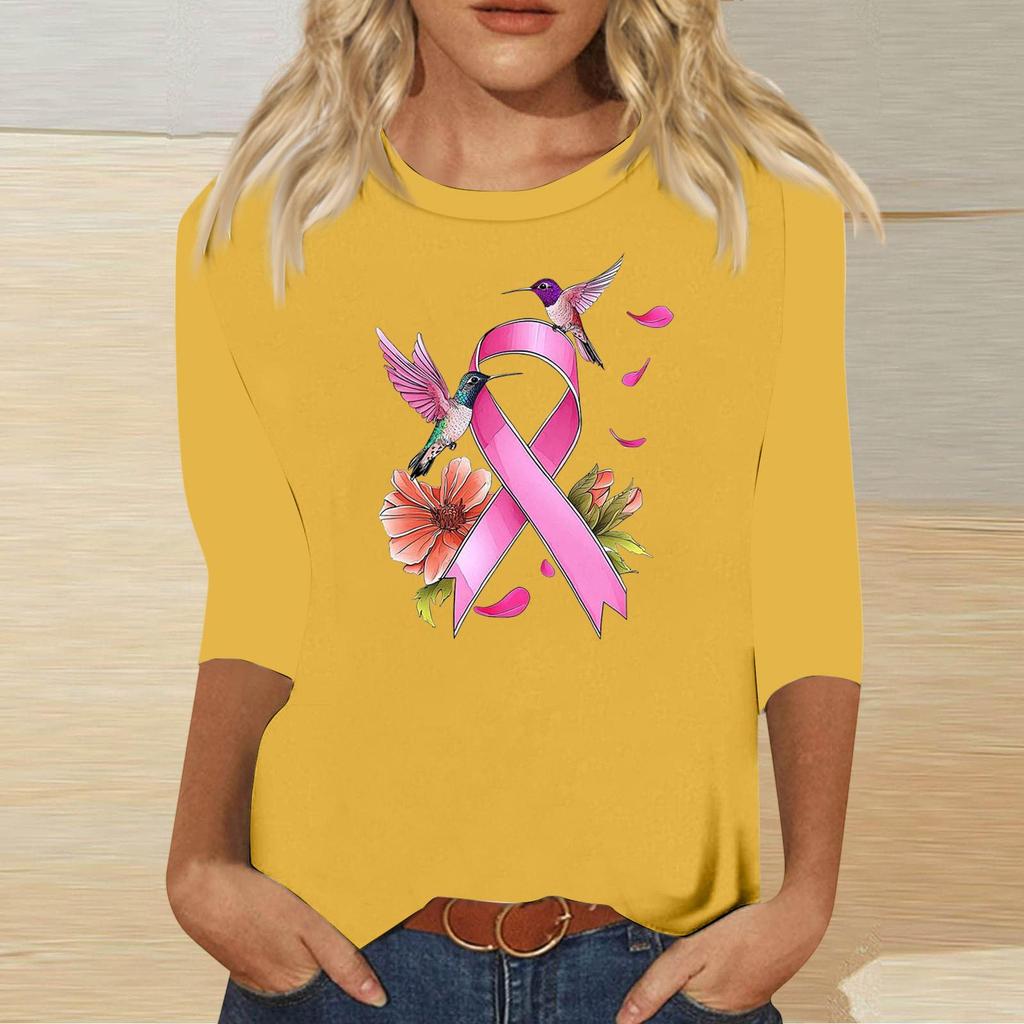 Women's Casual Round Neck Three-Quarter Sleeve Print Blouse with Ribbon and Butterfly Heart Pattern