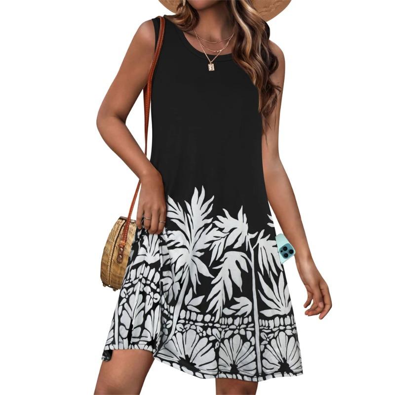 2026 New Summer Comfortable Women's Dresses Floral Print Simple Casual Loose Sleeveless Dresses Beach Resort Style Short Dresses