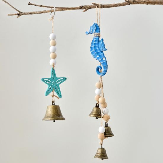 Beach Ocean Themed Bell Ornaments Summer Wooden Seahorse/Sea Turtle/Starfish Wind Chime Nautical Coastal Wall Hanging Decor for Living Room Bedroom
