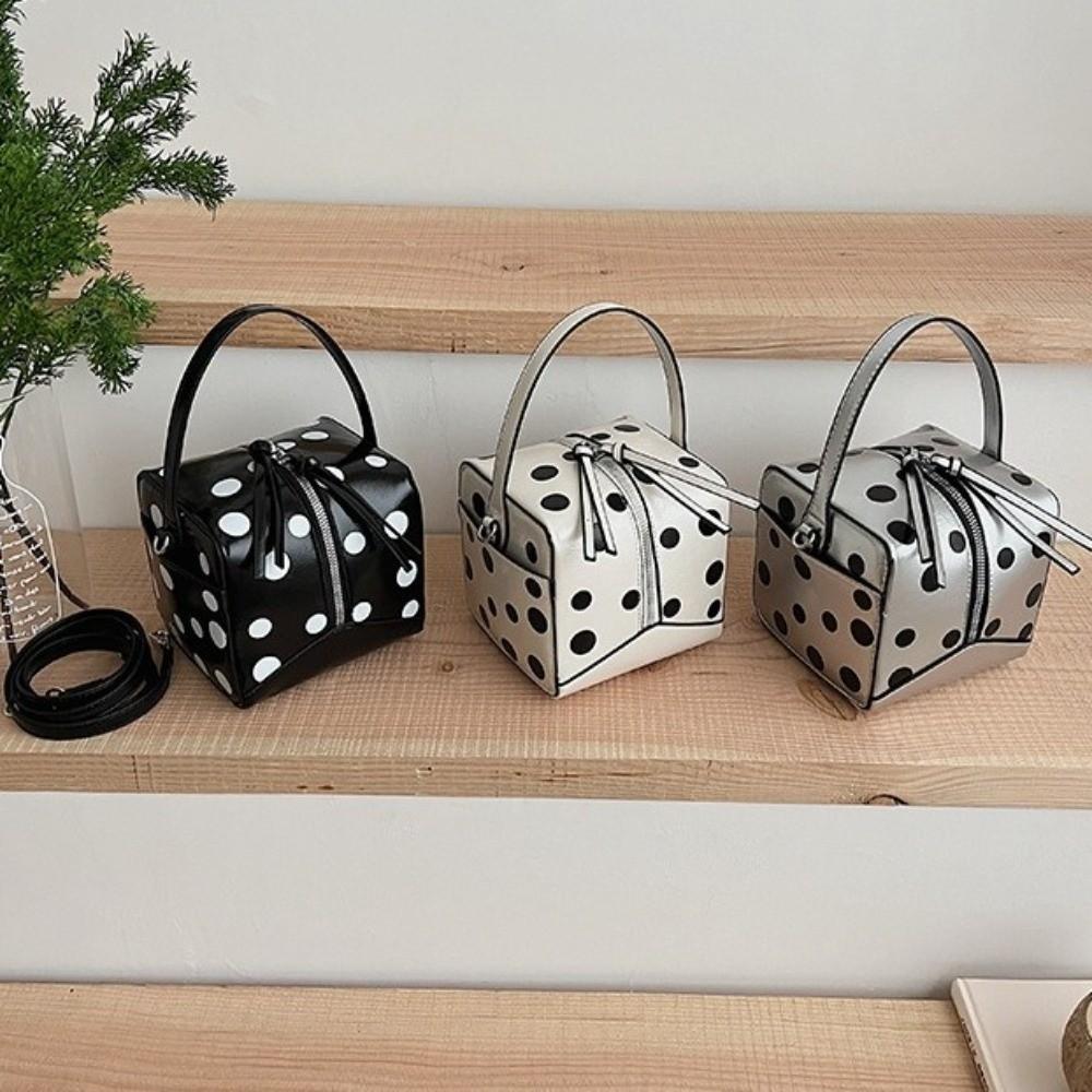 Unique PU Polka Dot Handbag Zipper Closure Top Handle Box Shaped Shoulder Bag Small Square Adjustable Strap Bucket Bag Commute