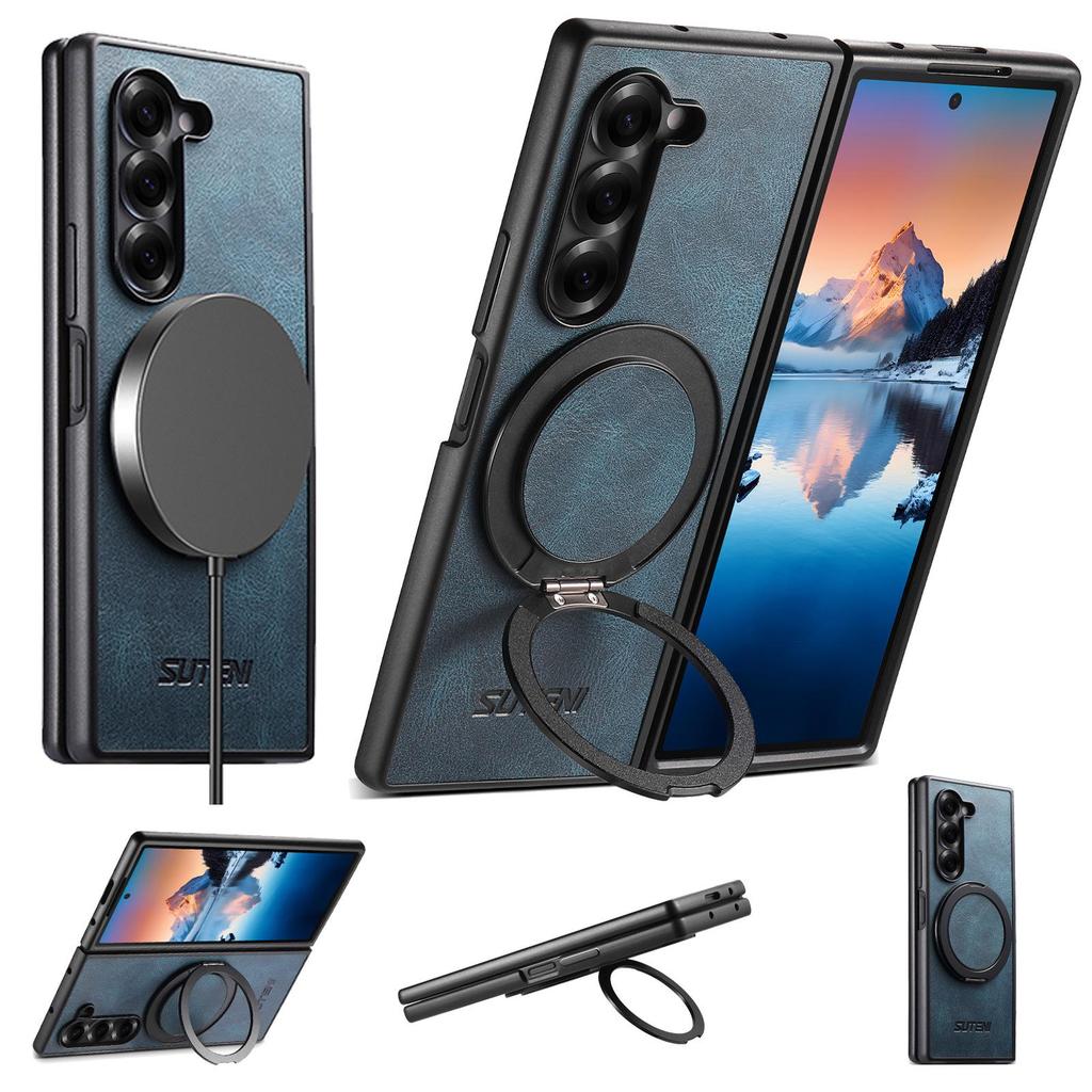 Samsung Z Fold 7/6/5 Magnetic Wireless Charging Leather Case with 360° Rotating Ring Stand