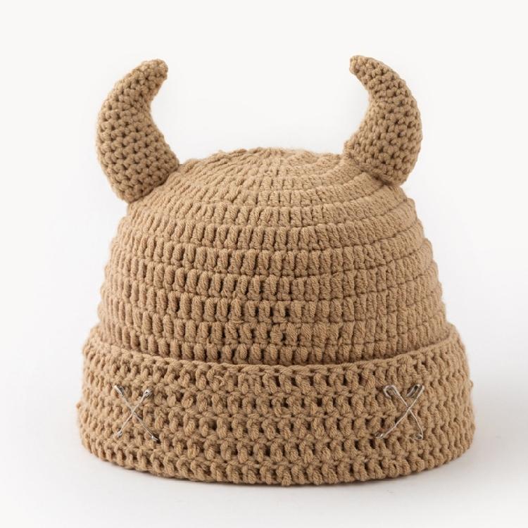 Crochet Horn Cap for Fall Winter Outfits, Brimless Devil Hat with Front Pin Accent for Party Photo Outfit Looks