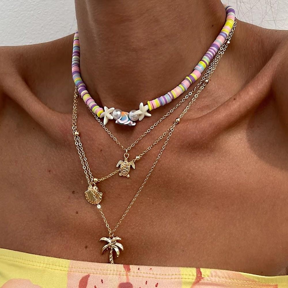Multi-layer Boho Choker Jewelry Starfish Ocean Shell Bead Necklace Collarbone Chain  Female Fashion