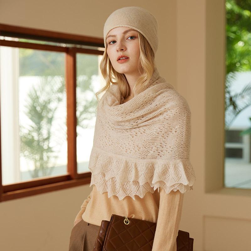 Ladies 100% Pure Cashmere Knit Sweater Scarf: Hollow Crochet Lace Shawl, Warm Outerwear. One size бежевый