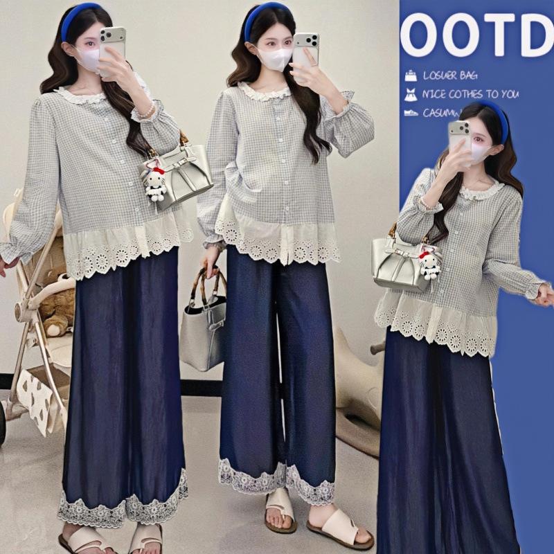 2026 Spring Korean-Style Maternity Top - Sweet, Loose, Long Sleeve, Belly Covering Shirt XL синий