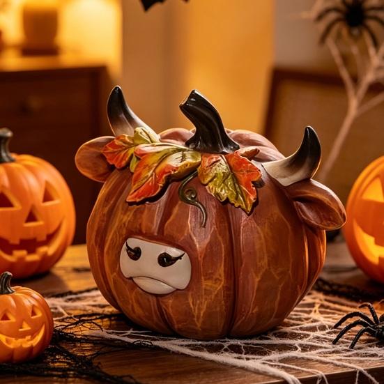Figurky skotského skotu, Stolní dekorace pro podzimní sklizeň, Díkůvzdání, Halloween, Pryskyřice ručně malovaná dýně, soška skotského skotu, Ozdoby pro