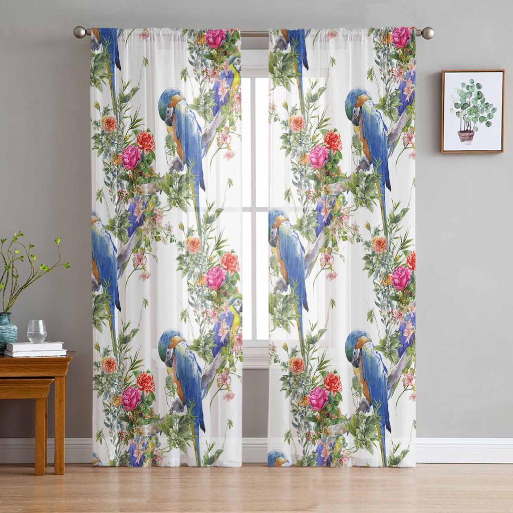 Ins Style Tropical Plants Parrot Sheer Curtains for Living Room Decoration Window Curtain Kitchen Tulle Voile Organza Drapes